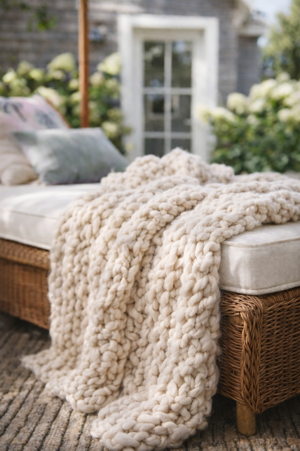 sandy cream chunky chenille knit blanket 40x60 styled on neutral sofa styling