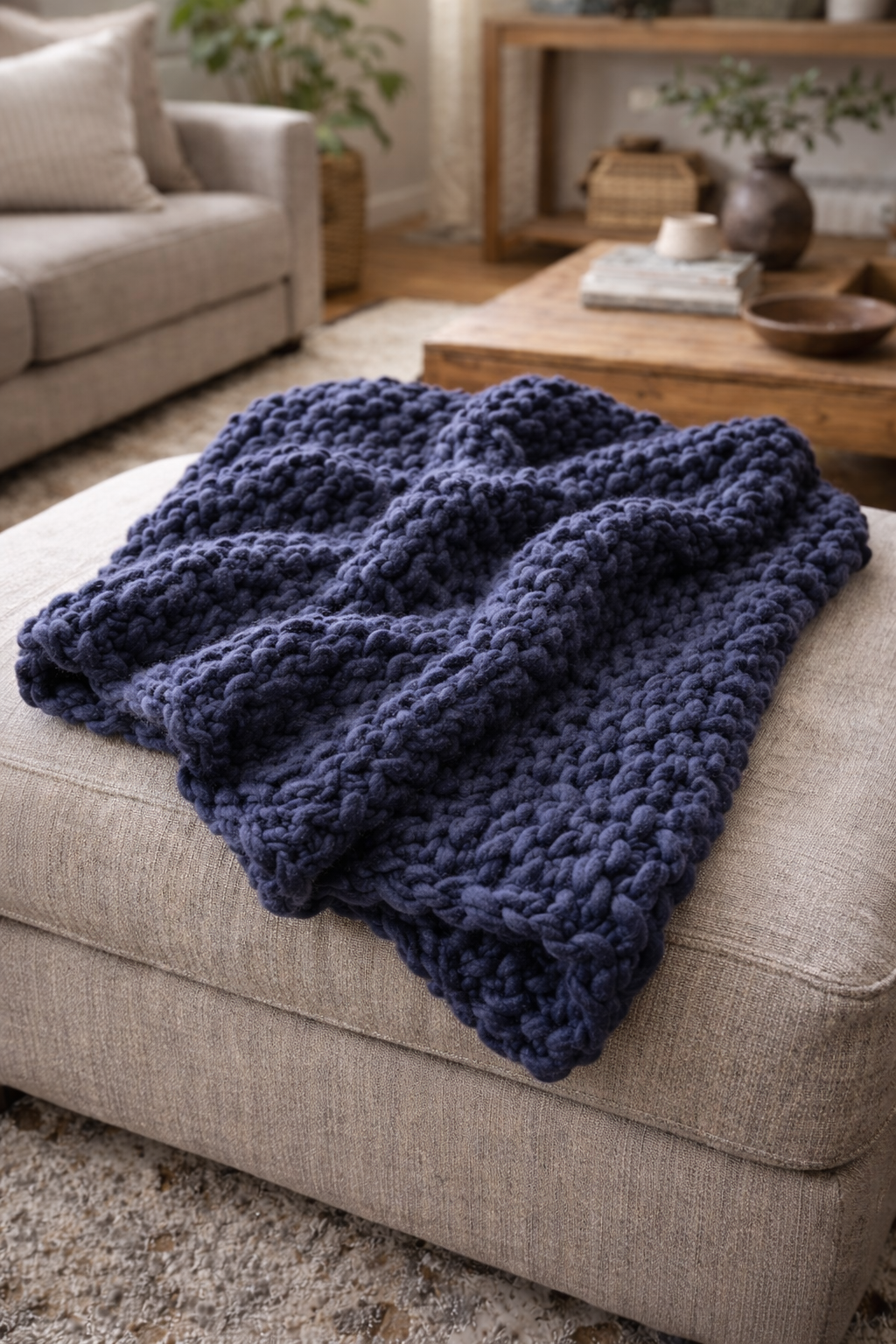 navy chunky chenille knit blanket 24x30 draped on neutral sofa