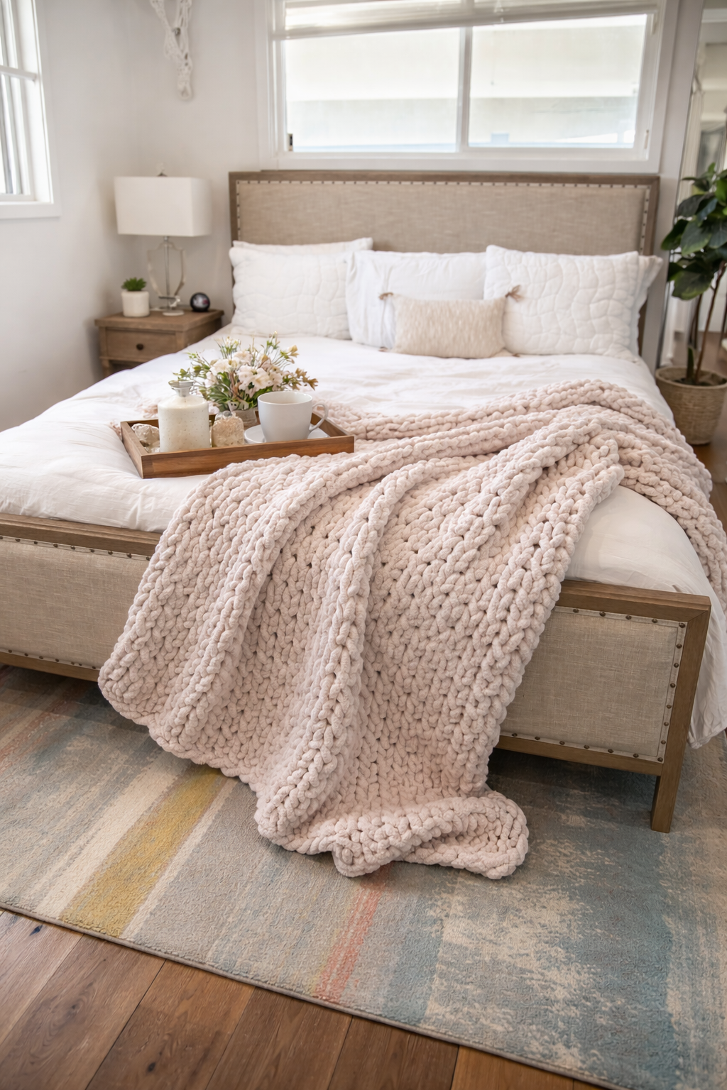 Sandy Cream chunky chenille knit blanket 72x84 styled on neutral sofa styling. Cozy bedroom with a bed covered in a pink knitted throw blanket, wooden nightstands, and a rug.