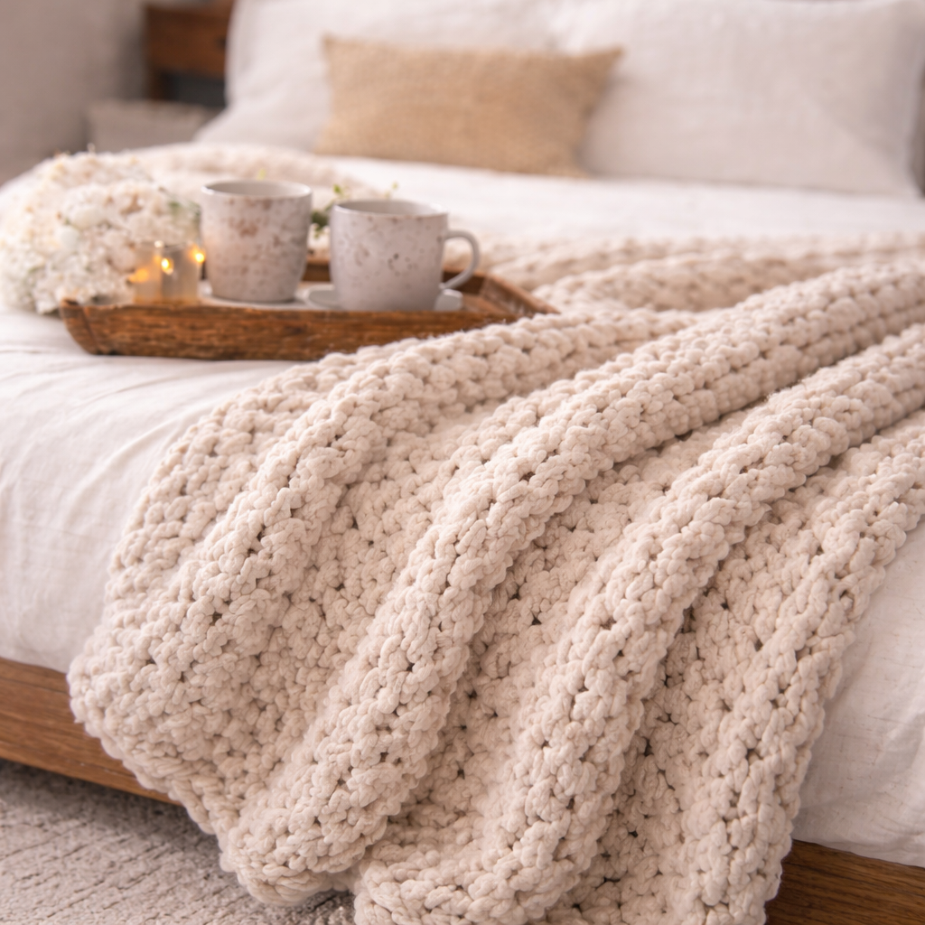 Cream chunky chenille knit blanket 60x80 styled on neutral bed styling. Cozy bedroom scene with a textured beige blanket draped over a bed, a tray with cups, and soft lighting.
