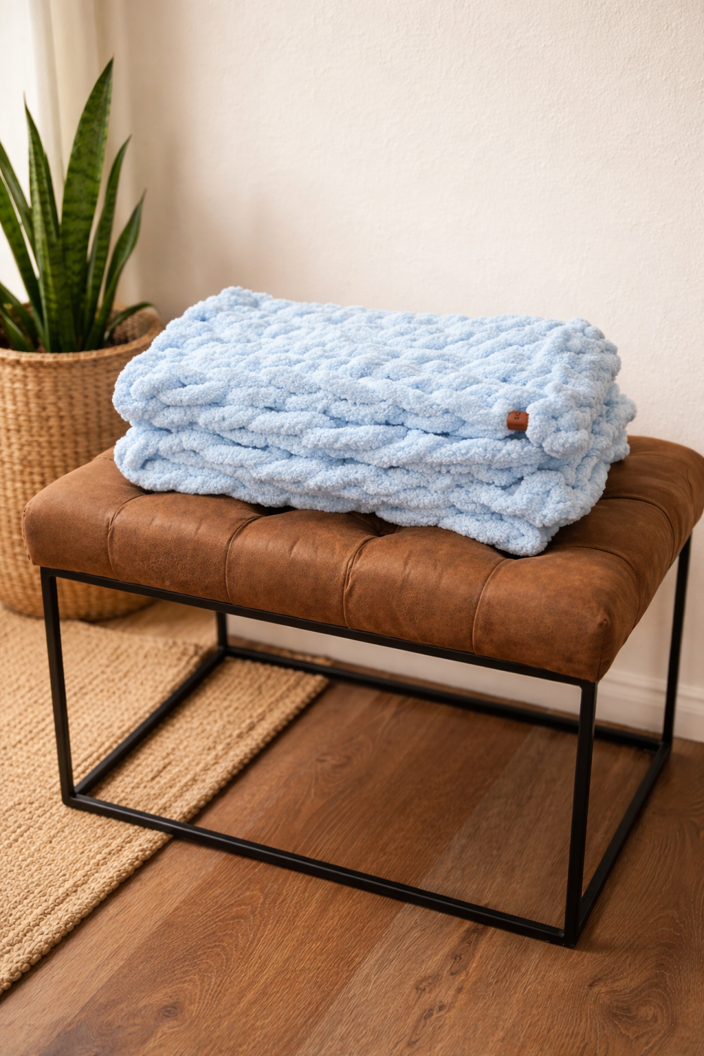 Baby Boy Blye chunky chenille knit blanket 30x40 styled on neutral folded stack