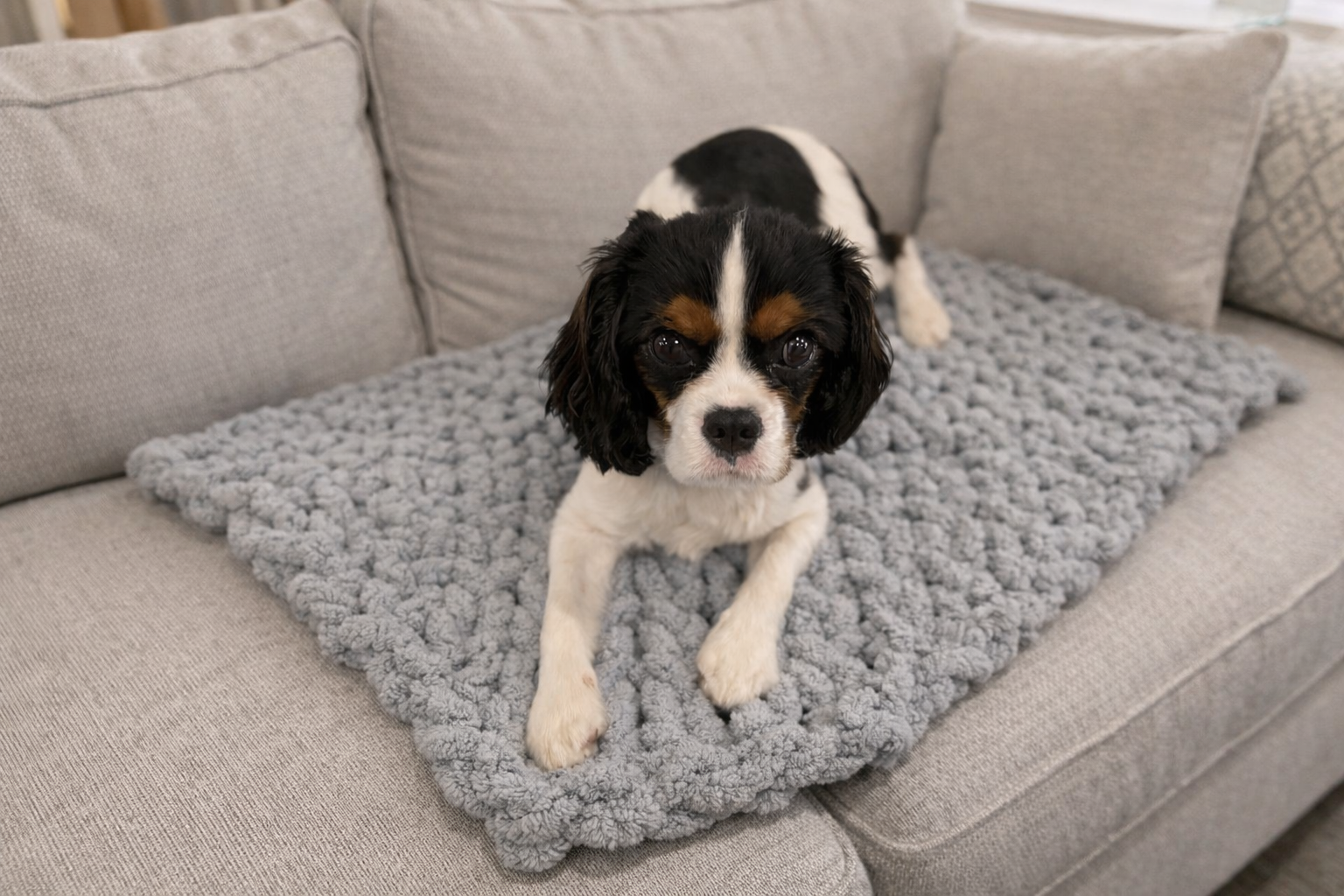 Grey chunky chenille knit blanket 30x40 styled on neutral sofa styling