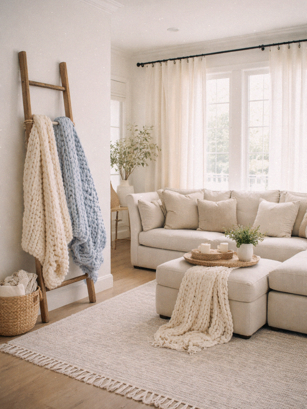 Cozy living room with beige sectional sofa, wooden ladder with blankets, and large windows. cream chunky chenille knit blanket 50x60 styled on neutral folded stack