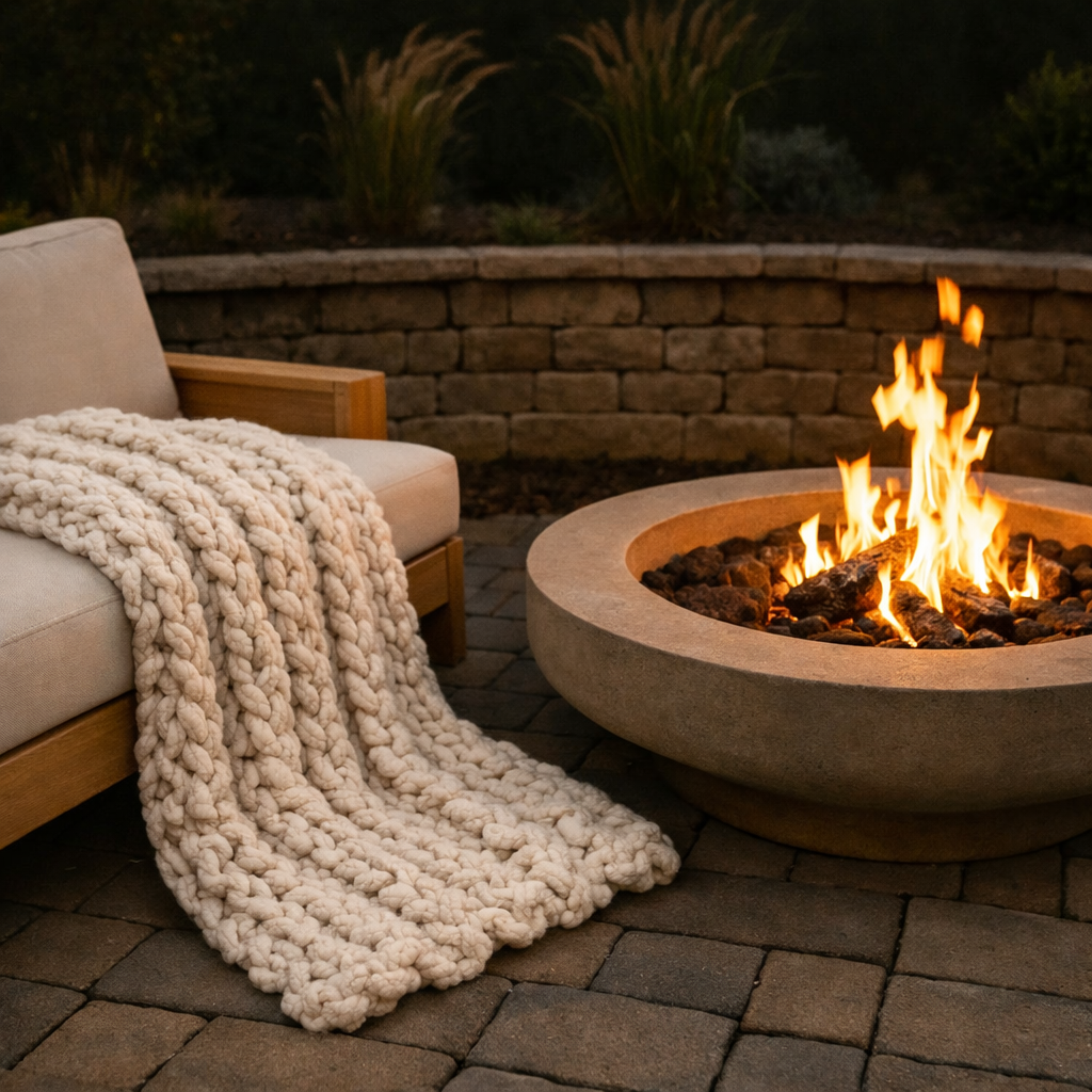 Outdoor setting with a fire pit and cozy chair draped with a blanket. cream chunky chenille knit blanket 50x60 styled on neutral sofa styling