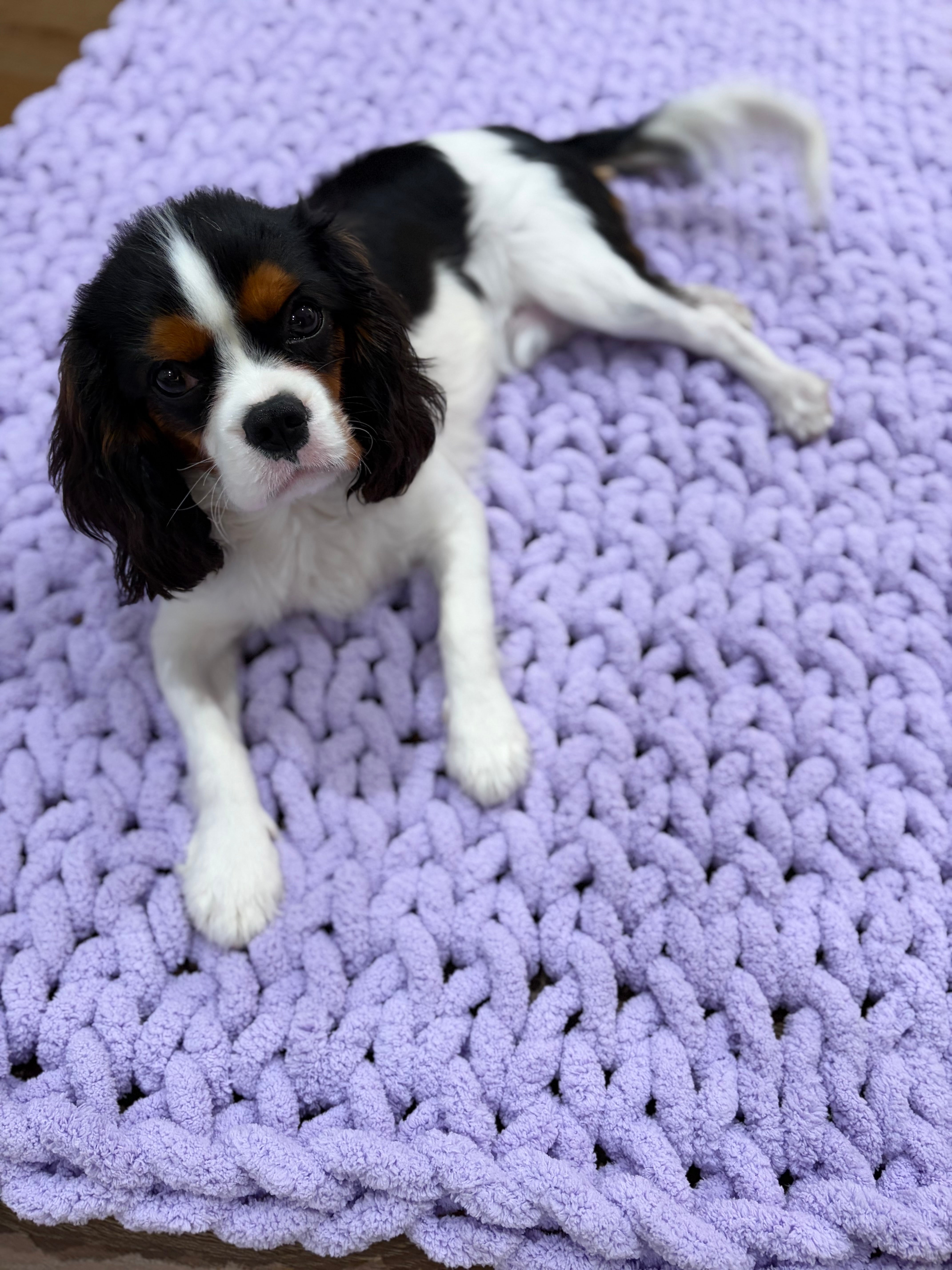 Lilac chunky chenille knit blanket 24x30 styled on neutral bed styling