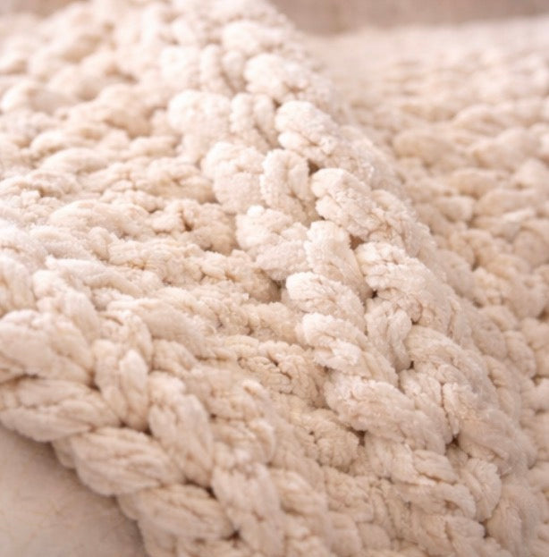 cream chunky chenille knit blanket 24x30 styled on neutral close texture