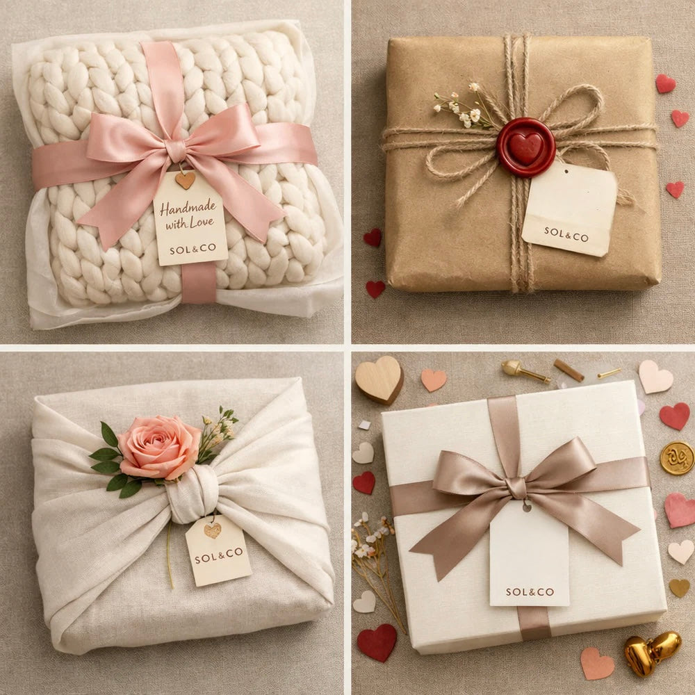 SOL&CO chunky chenille knit blanket packaged in muslin gift bag