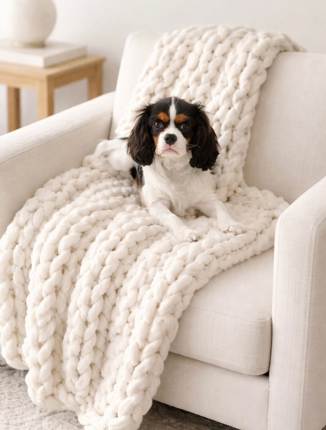 Dog lying on a white sofa with a chunky knit blanket